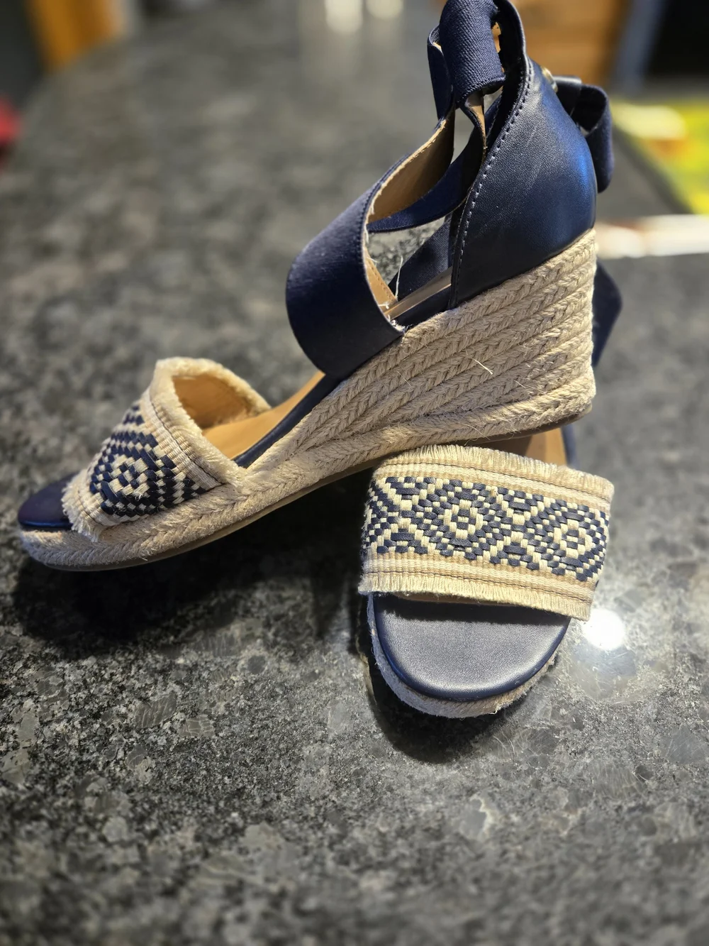 Tommy Hilfiger Navy Blue Espadrille Wedge Sandals with Patterned Toe